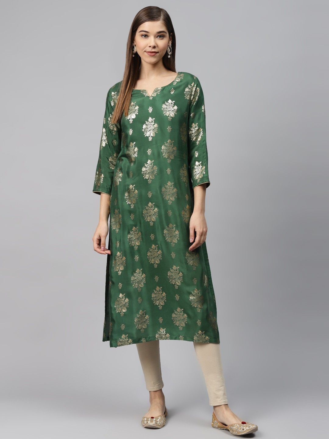 

Biba Women Green & Golden Printed Straight Kurta