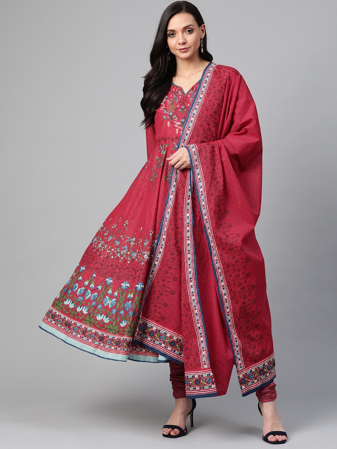 

Biba Women Red & Blue Printed Kurta with Churidar & Dupatta