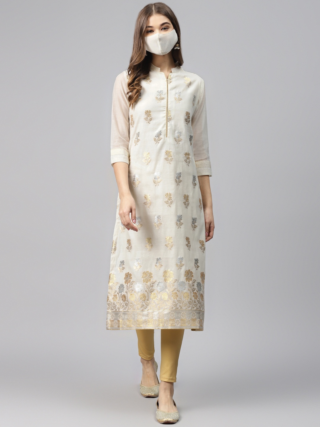 

Biba Women Off-White Golden Woven Design Straight Kurta