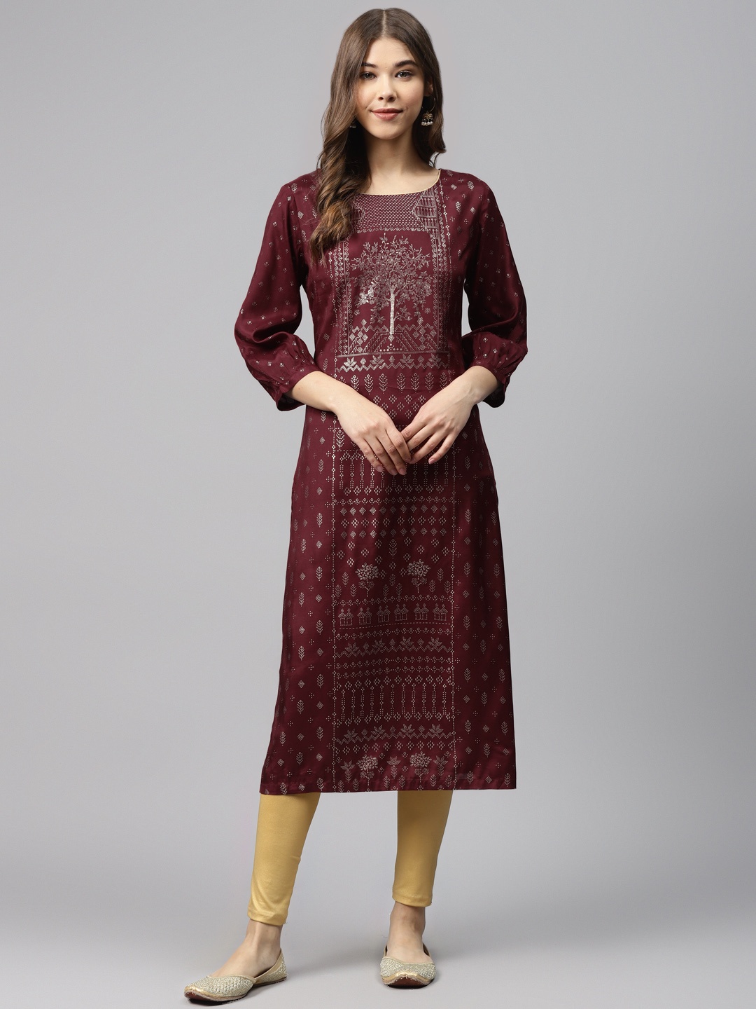

Biba Women Maroon & Golden Printed Straight Kurta
