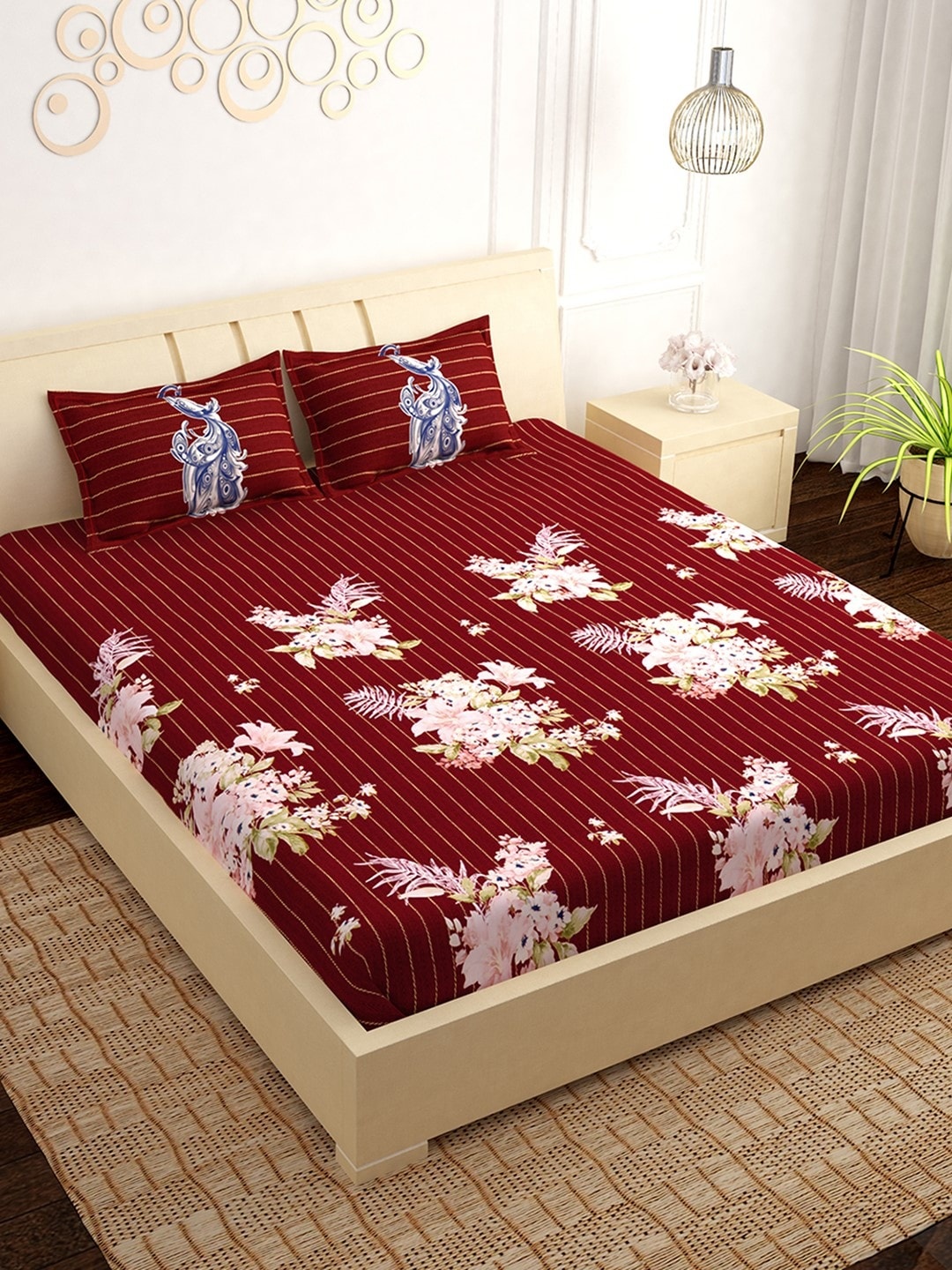 

PAVO Maroon & Pink Floral 300 TC Cotton 1 King Bedsheet with 2 Pillow Covers