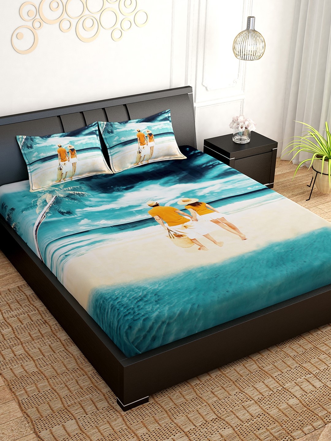 

PAVO Turquoise Blue & Yellow Abstract 300 TC Cotton 1 King Bedsheet with 2 Pillow Covers