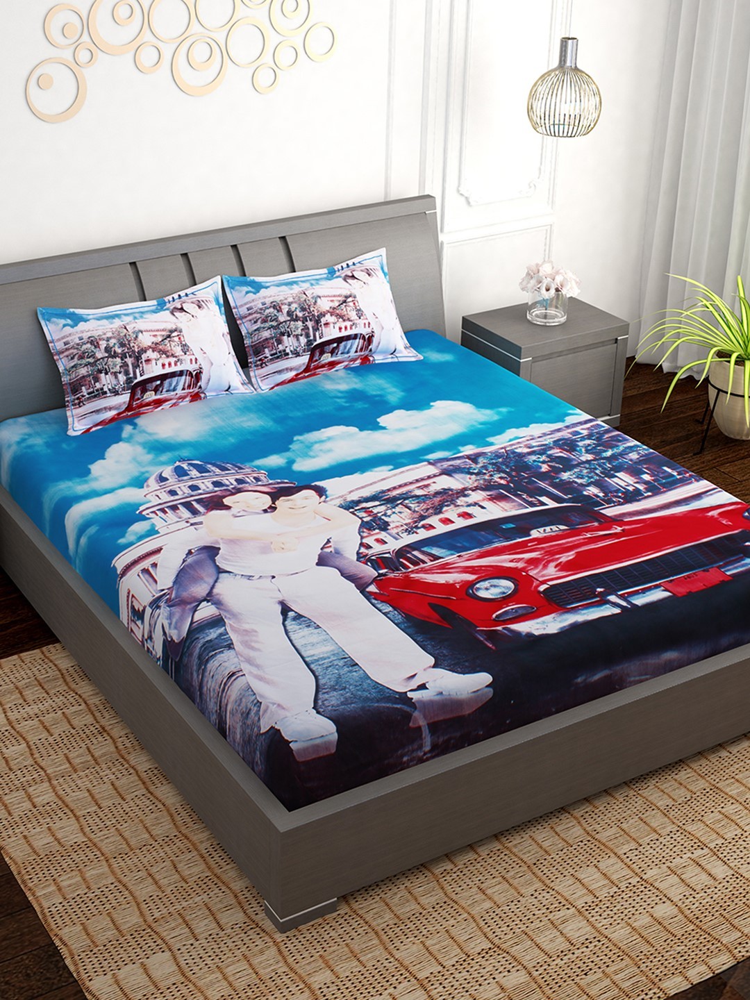 

PAVO Blue & Red Graphic 300 TC Cotton 1 King Bedsheet with 2 Pillow Covers