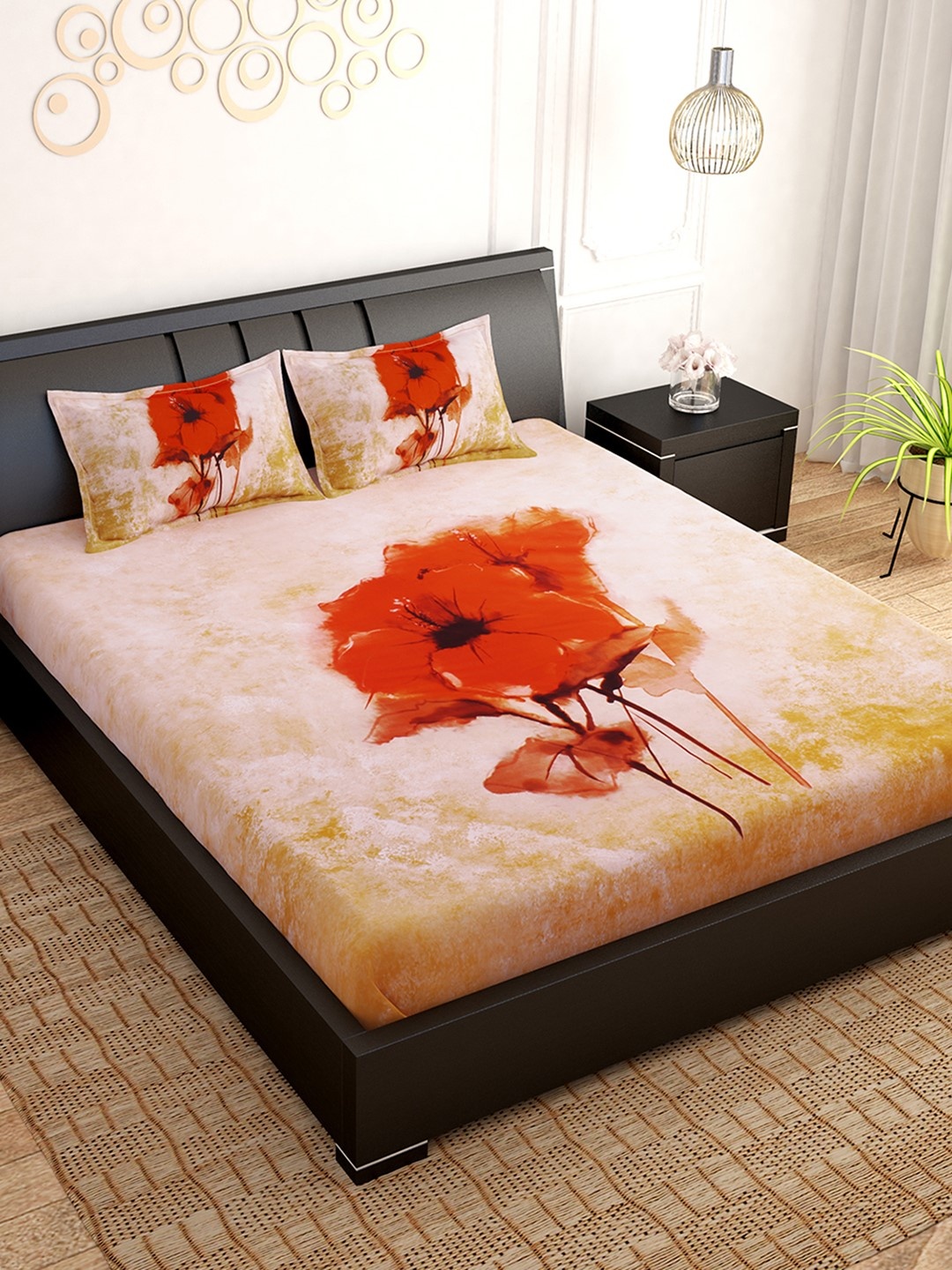

PAVO Brown & Orange Floral 300 TC Cotton 1 King Bedsheet with 2 Pillow Covers