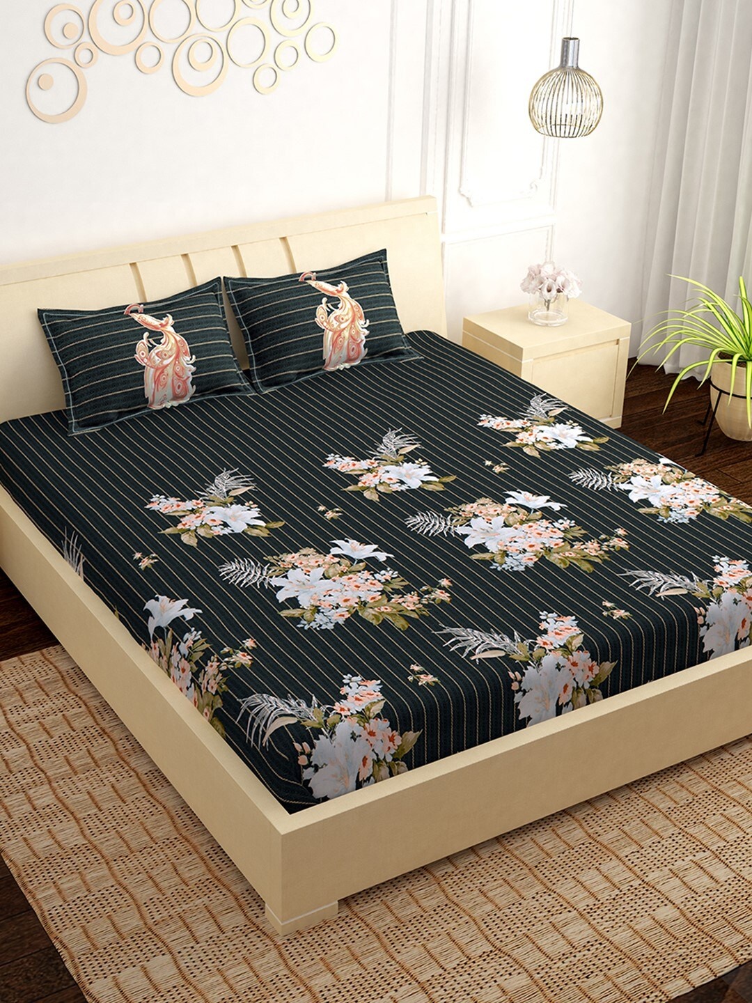 

PAVO Black & Blue Floral 300 TC Cotton 1 King Bedsheet with 2 Pillow Covers
