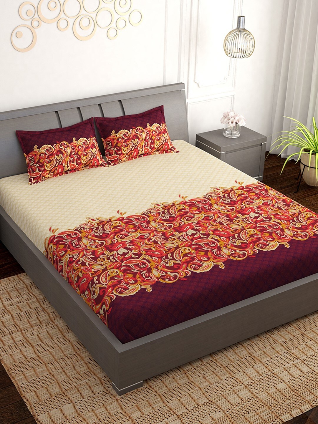 

PAVO Beige & Maroon Floral 300 TC Cotton 1 King Bedsheet with 2 Pillow Covers