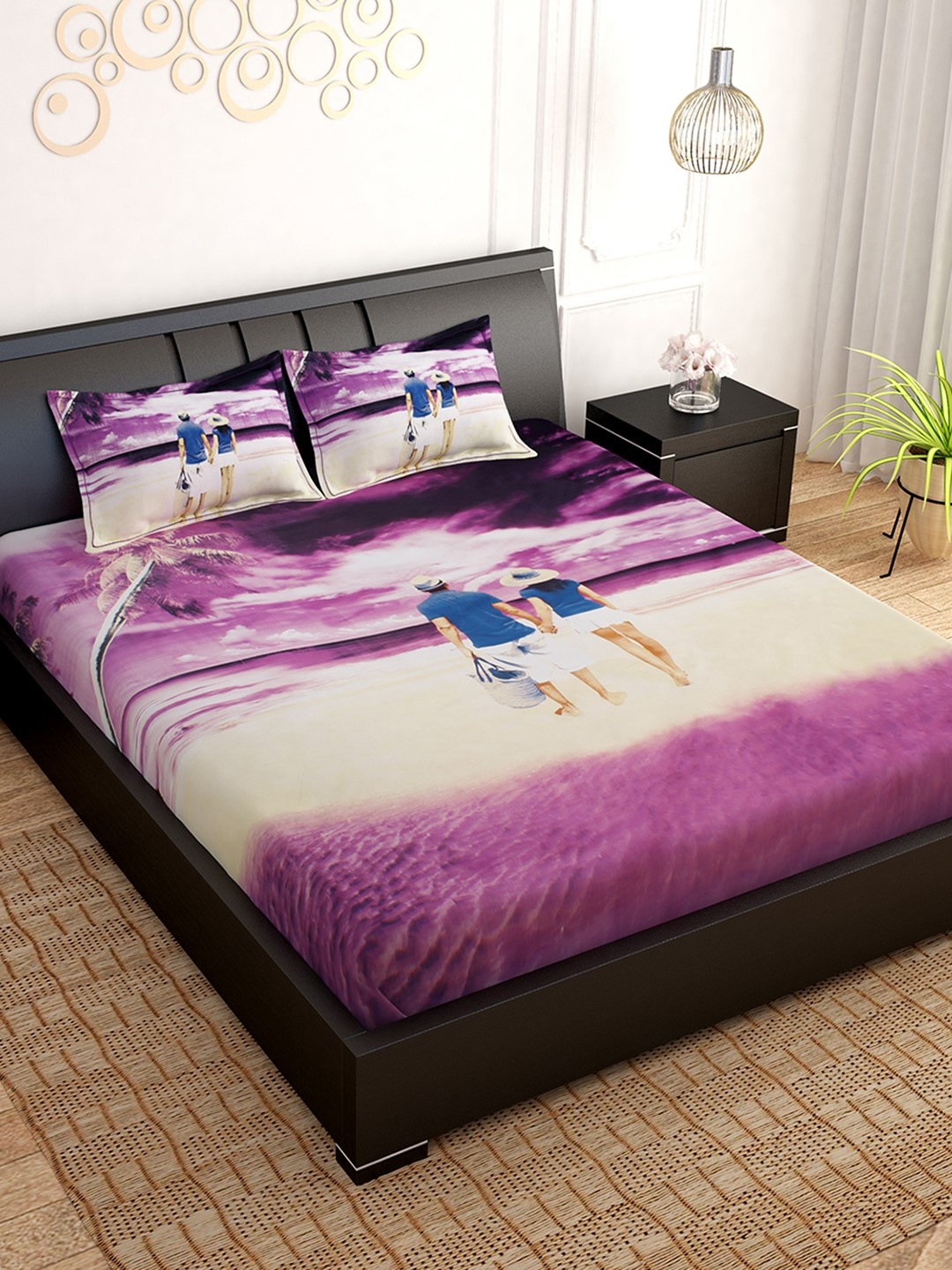 

PAVO Purple & Beige Abstract 300 TC Cotton 1 King Bedsheet with 2 Pillow Covers