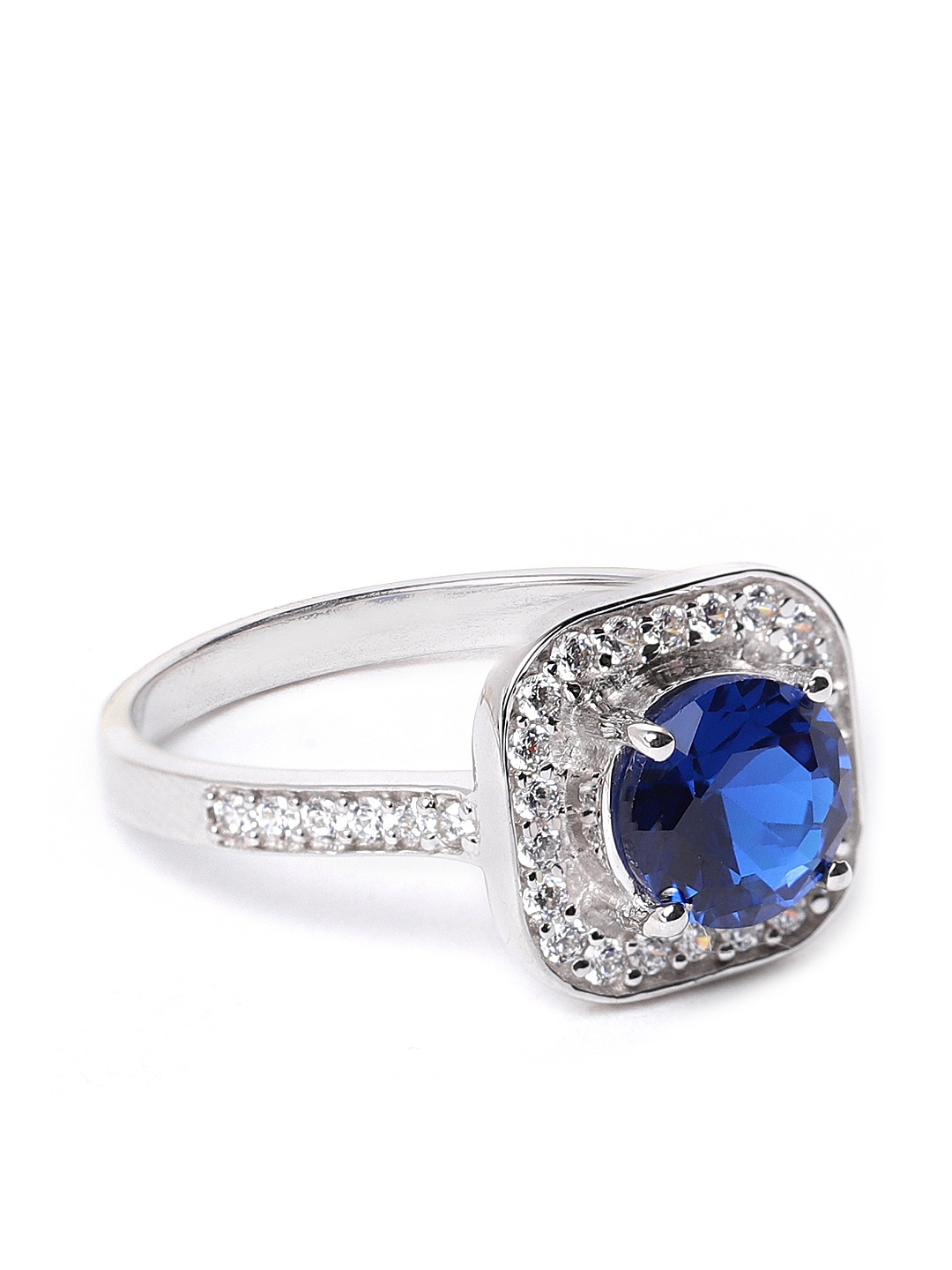 

Silgo Women Blue 925 Sterling Silver Rhodium-Plated CZ Studded Square Finger Ring
