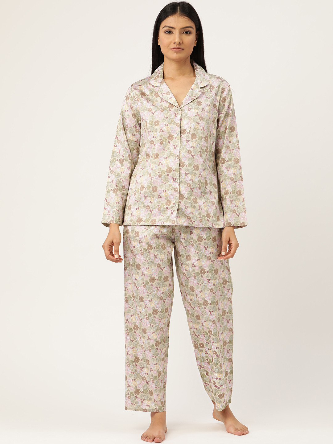 

Hancock Women Beige & Green Printed Night suit