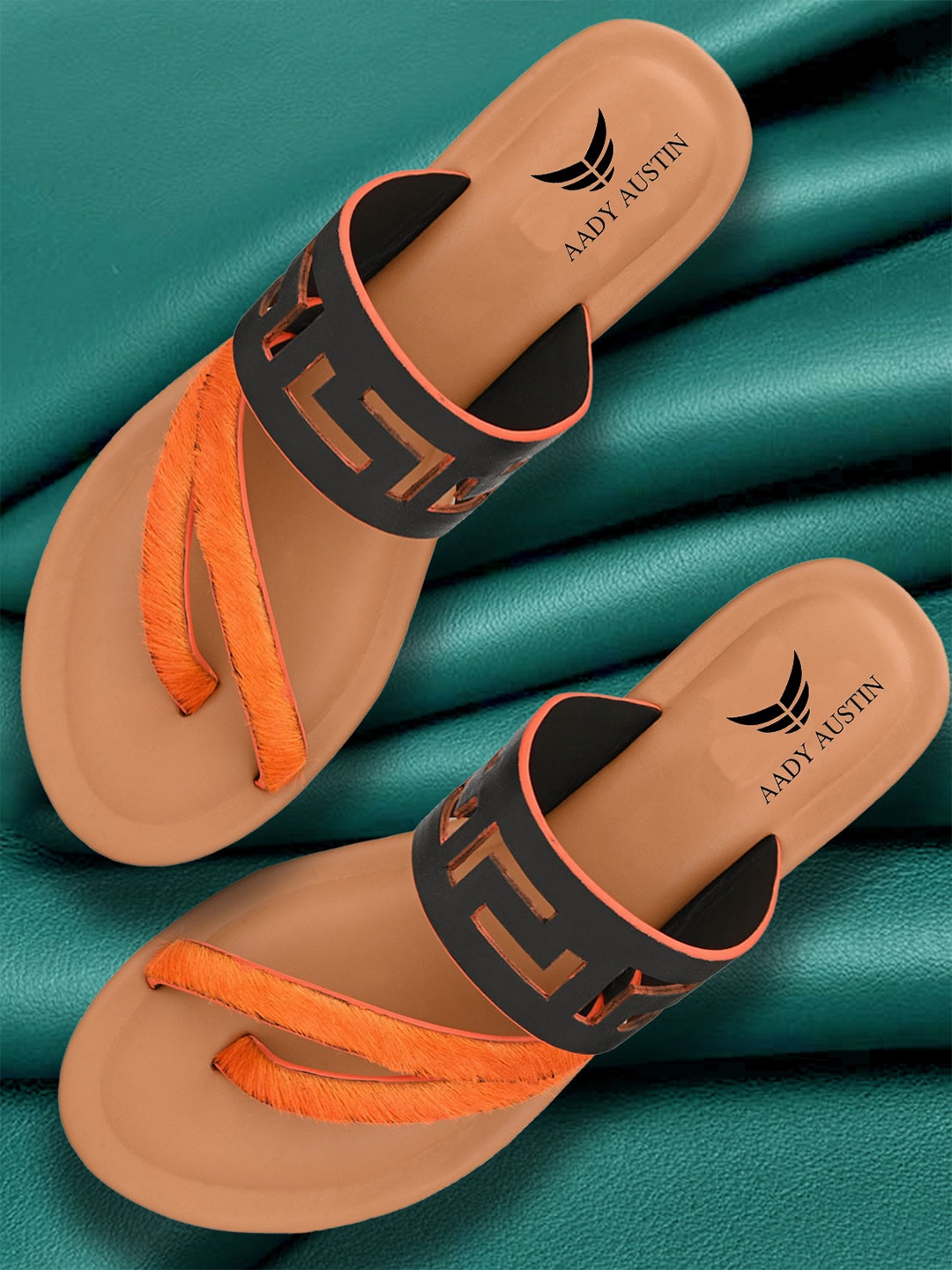 

AADY AUSTIN Women Black & Orange Colourblocked Leather One Toe Flats