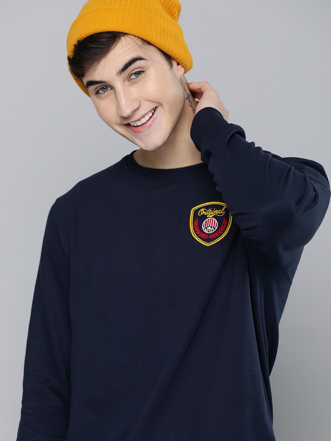 

HERE&NOW Men Navy Blue Applique Sweatshirt