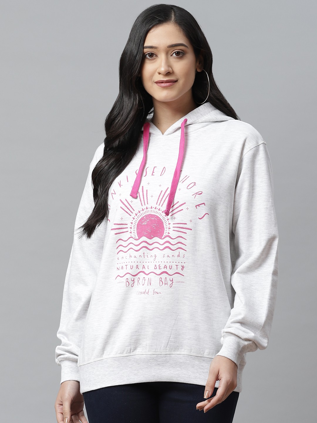 

VividArtsy Women Grey Melange & Pink Printed Hooded Oversized Sweatshirt