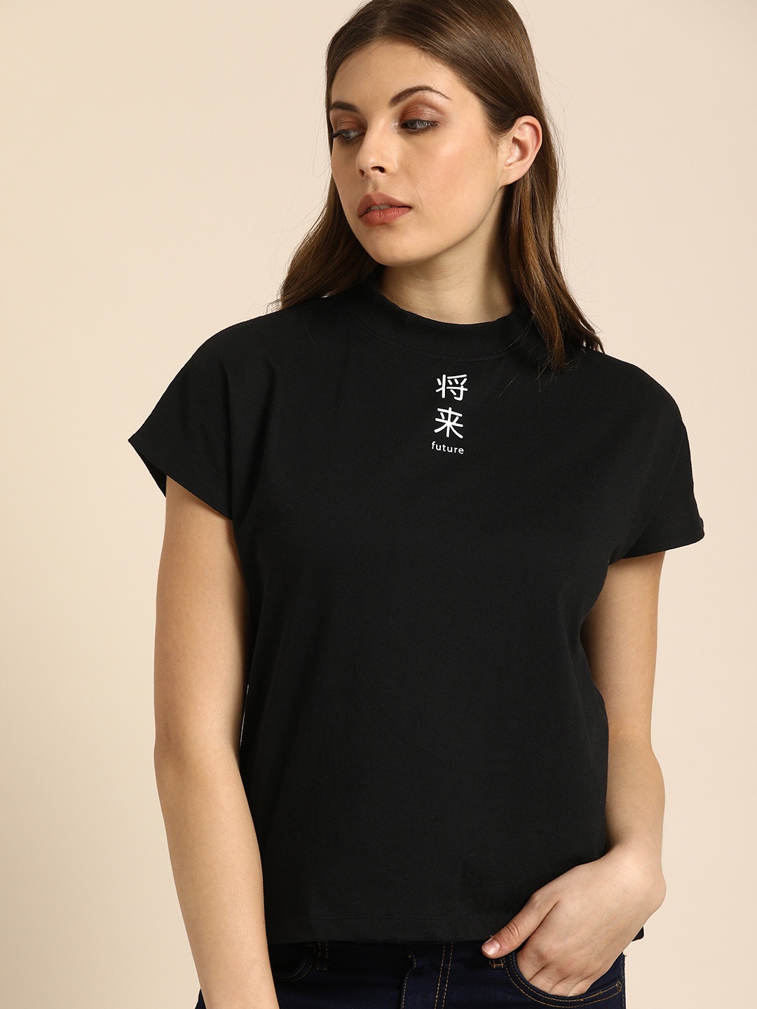 

ether Women Black Solid Round Neck Pure Cotton T-shirt