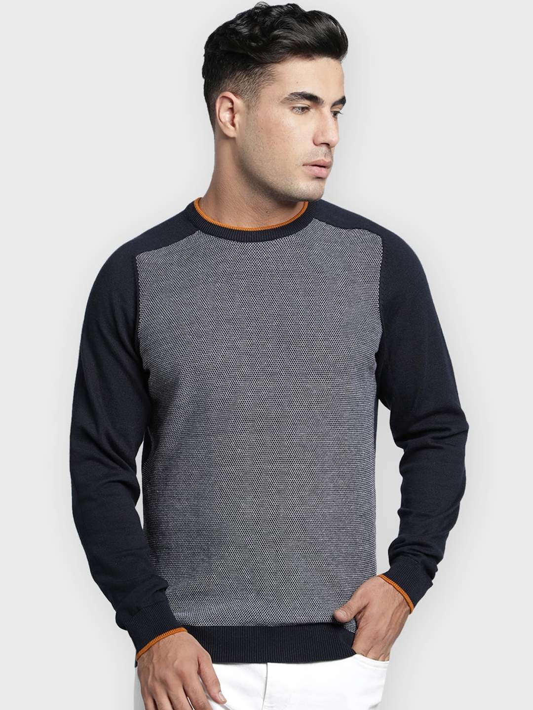 

Red Tape Men Navy Blue Self Design Pullover Sweater