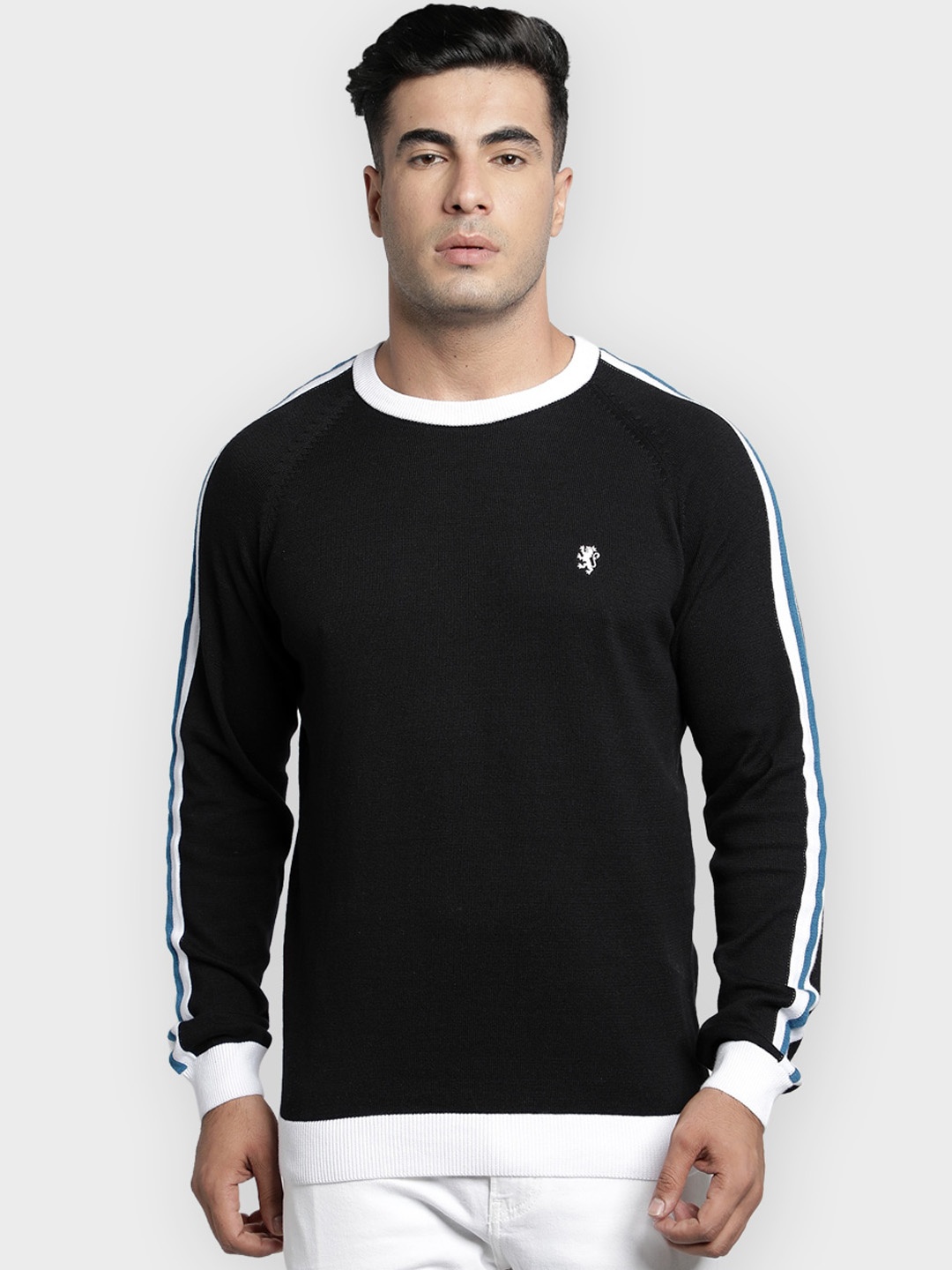 

Red Tape Men Black Striped Pullover Sweater