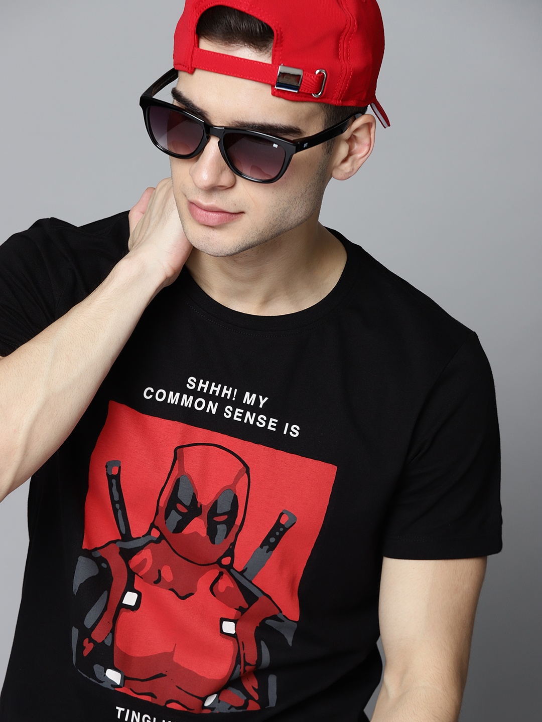 

Kook N Keech Marvel Men Black Red Deadpool Printed Pure Cotton T-shirt