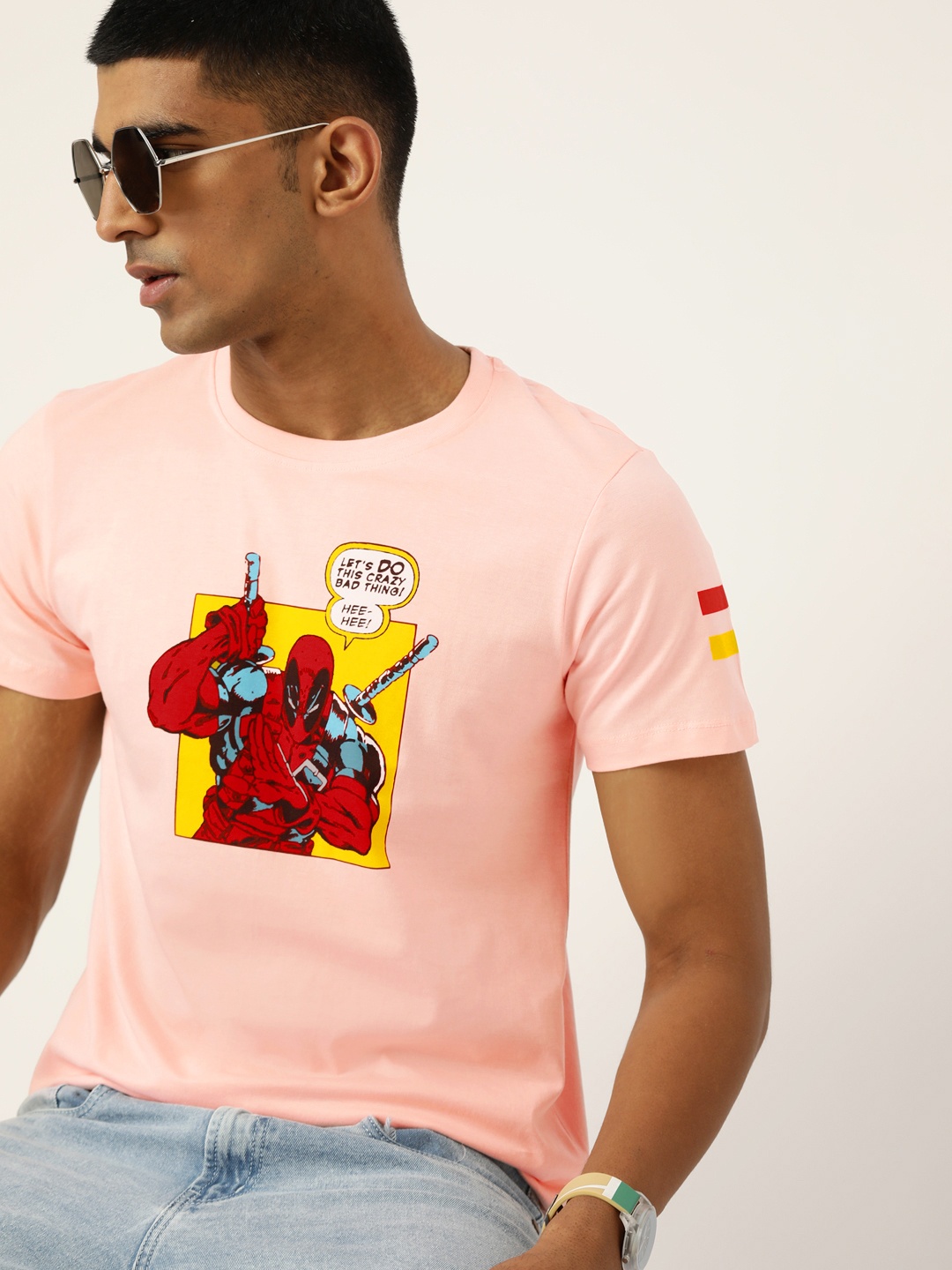 

Kook N Keech Marvel Men Pink & Black Printed Pure Cotton T-shirt