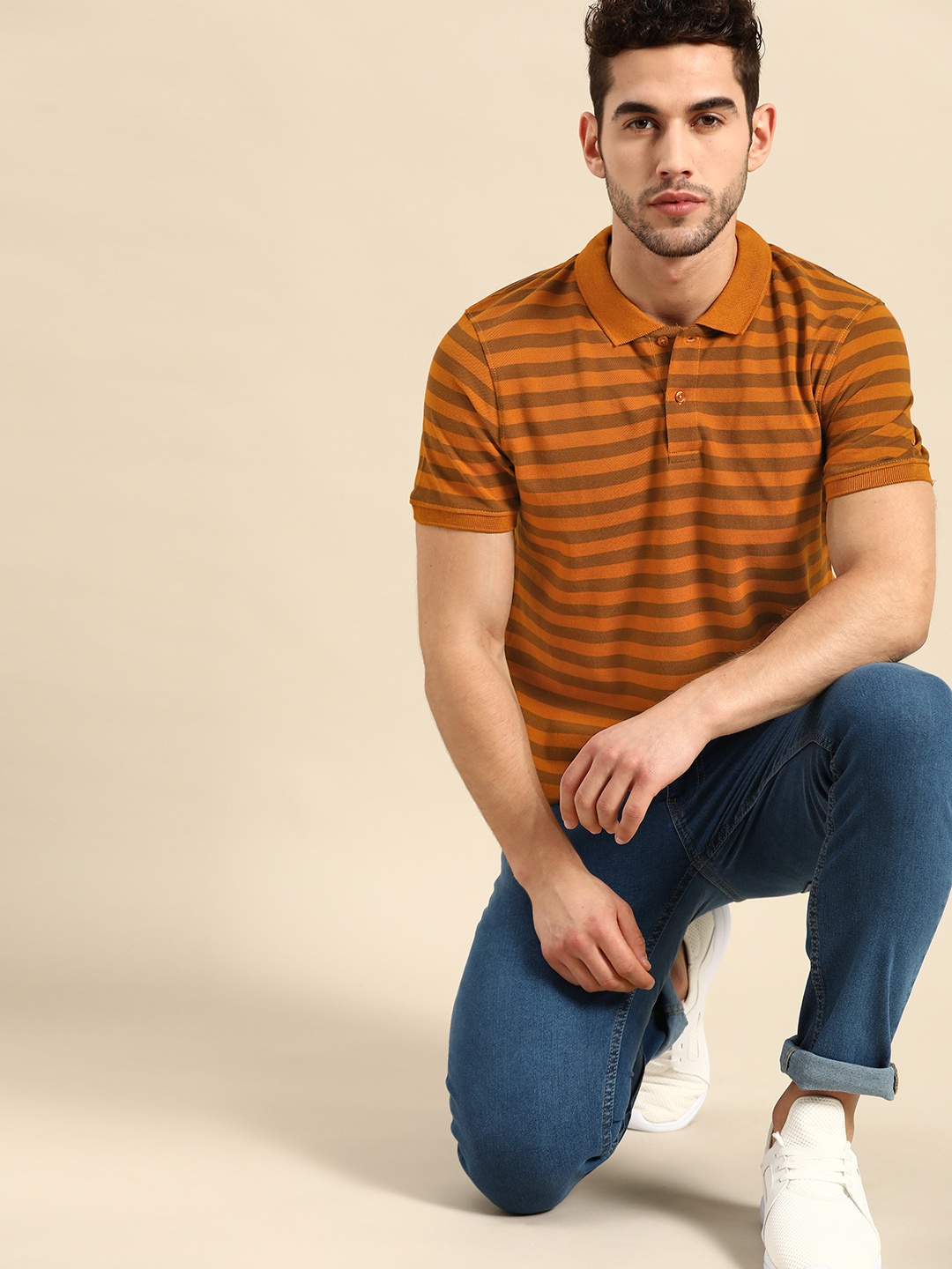 

ether Men Rust Orange & Mustard Brown Striped Pure Cotton Polo Collar T-shirt