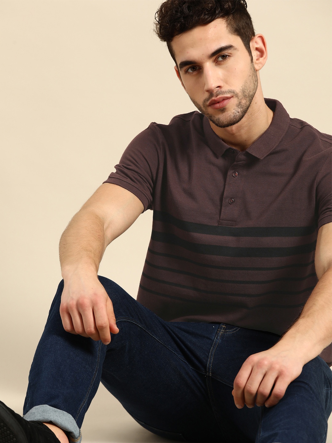 

ether Men Coffee Brown & Black Striped Cotton Polo Collar T-shirt