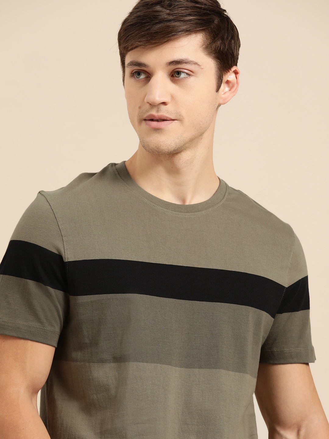 

ether Men Olive Green Pure Cotton Striped Round Neck Pure Cotton T-shirt