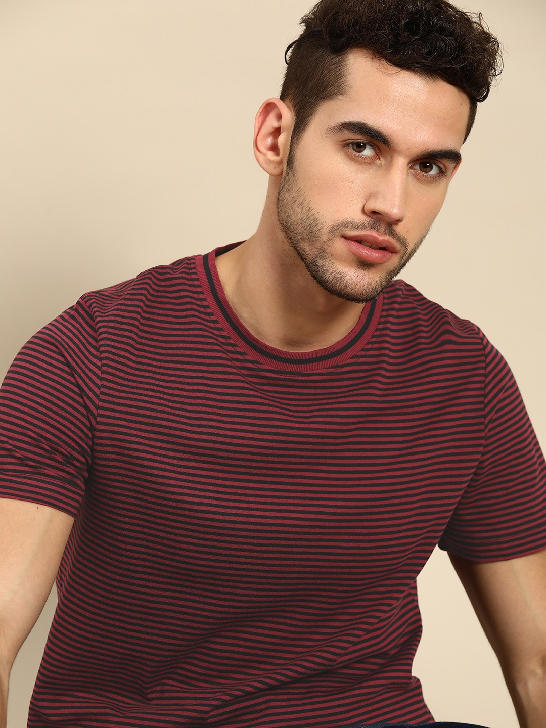 

ether Men Maroon Black Striped Round Neck Pure Cotton T-shirt