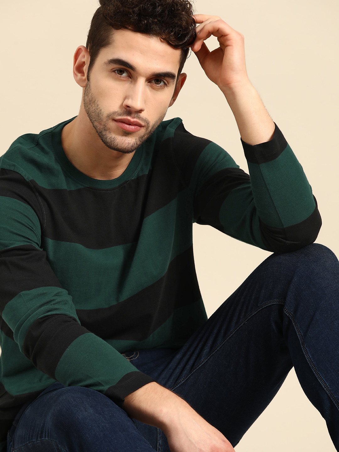 

ether Men Green Black Striped Cotton Round Neck Pure Cotton T-shirt