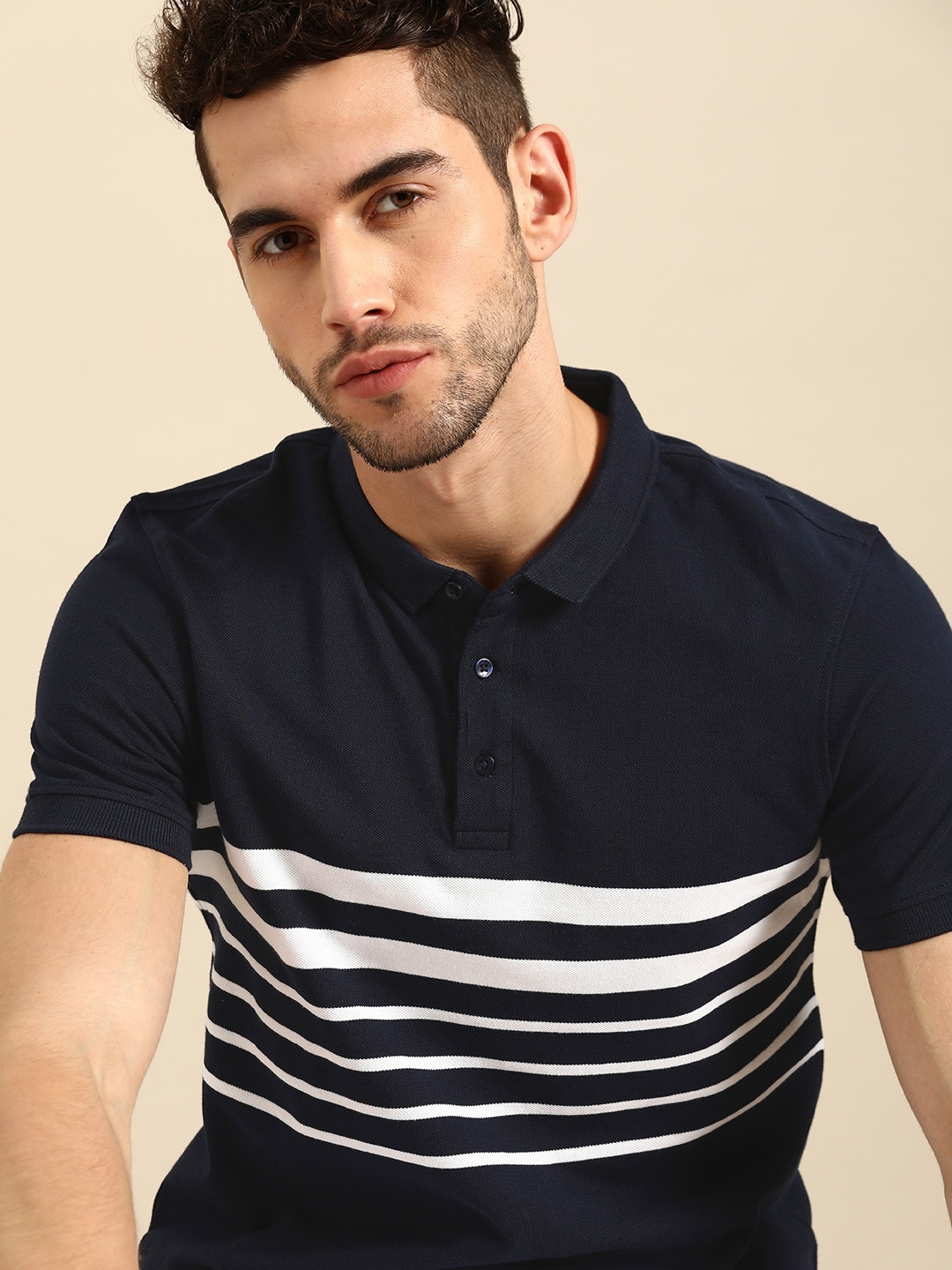 

ether Men Navy Blue White Striped Pure Cotton Polo Collar Pure Cotton T-shirt