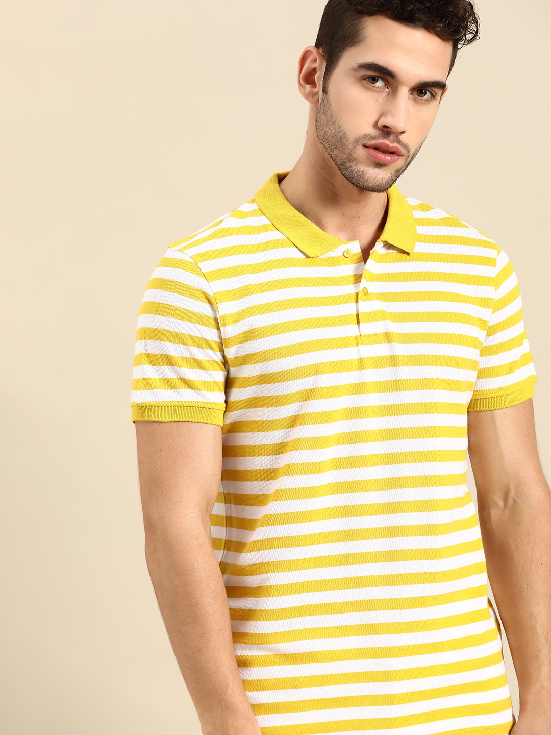 

ether Men Yellow & White Striped Pure Cotton Polo Collar T-shirt