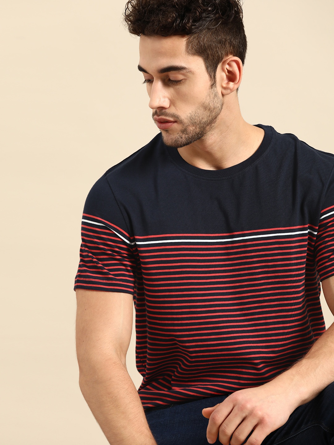 

ether Men Navy Blue Red Striped Cotton Round Neck Pure Cotton T-shirt