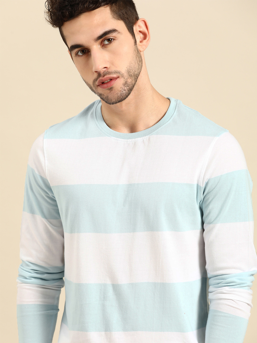 

ether Men Blue & White Striped Pure Cotton Round Neck T-shirt
