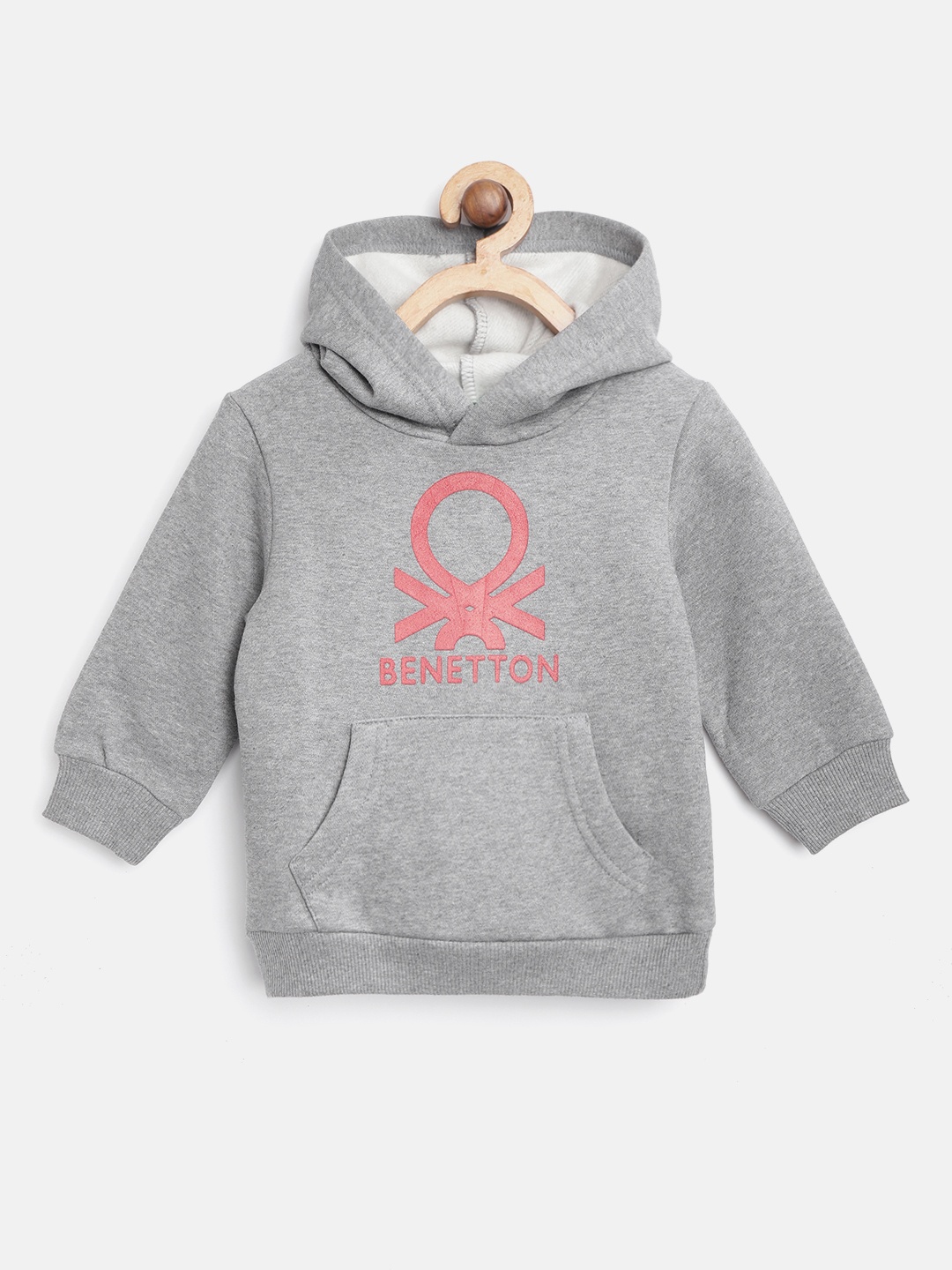 

United Colors of Benetton Boys Grey Melange & Red Brand Logo Printed Hooded Sweatshirt