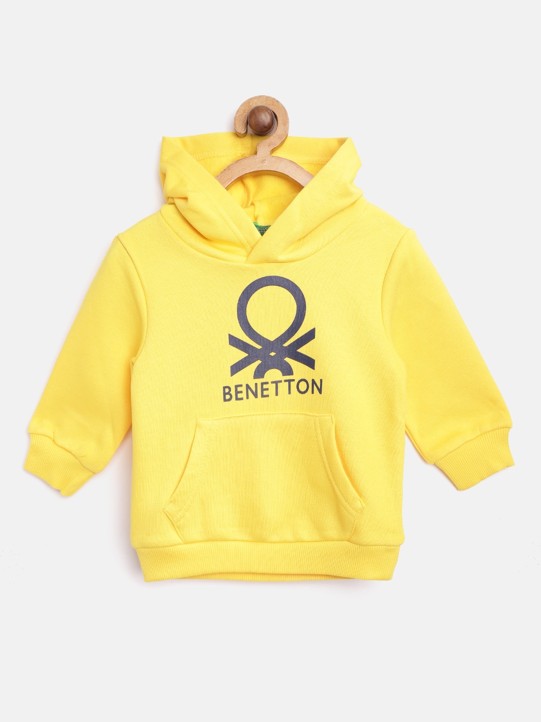 

United Colors of Benetton Boys Mustard Yellow & Navy Blue Printed Hooded Sweatshirt
