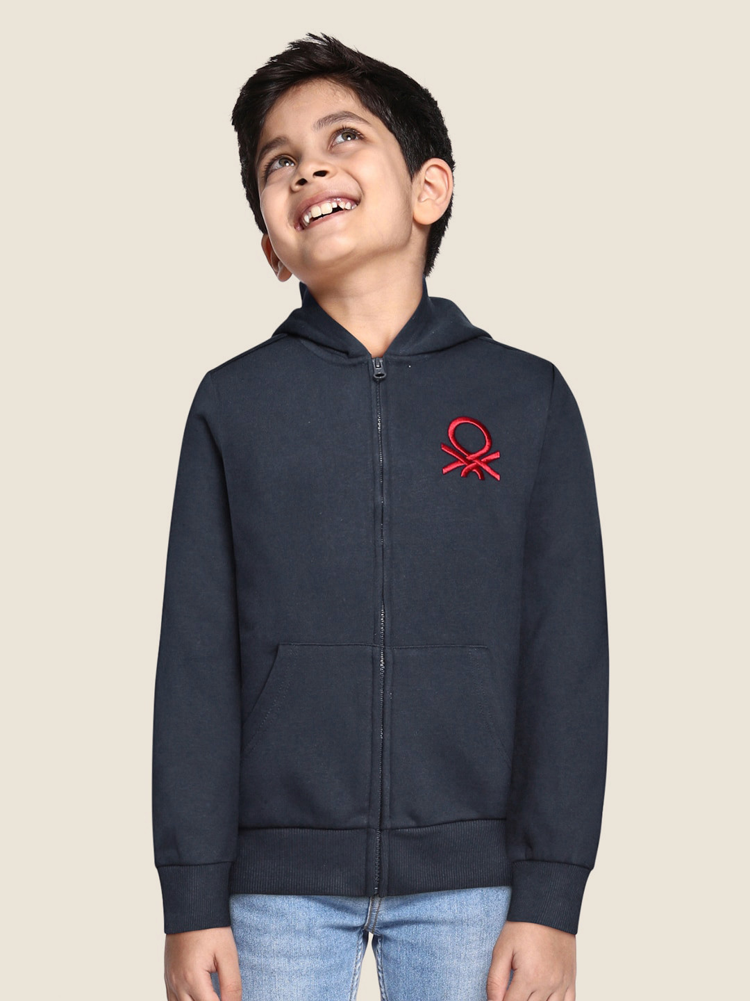 

United Colors of Benetton Boys Navy Blue Solid Hooded Sweatshirt