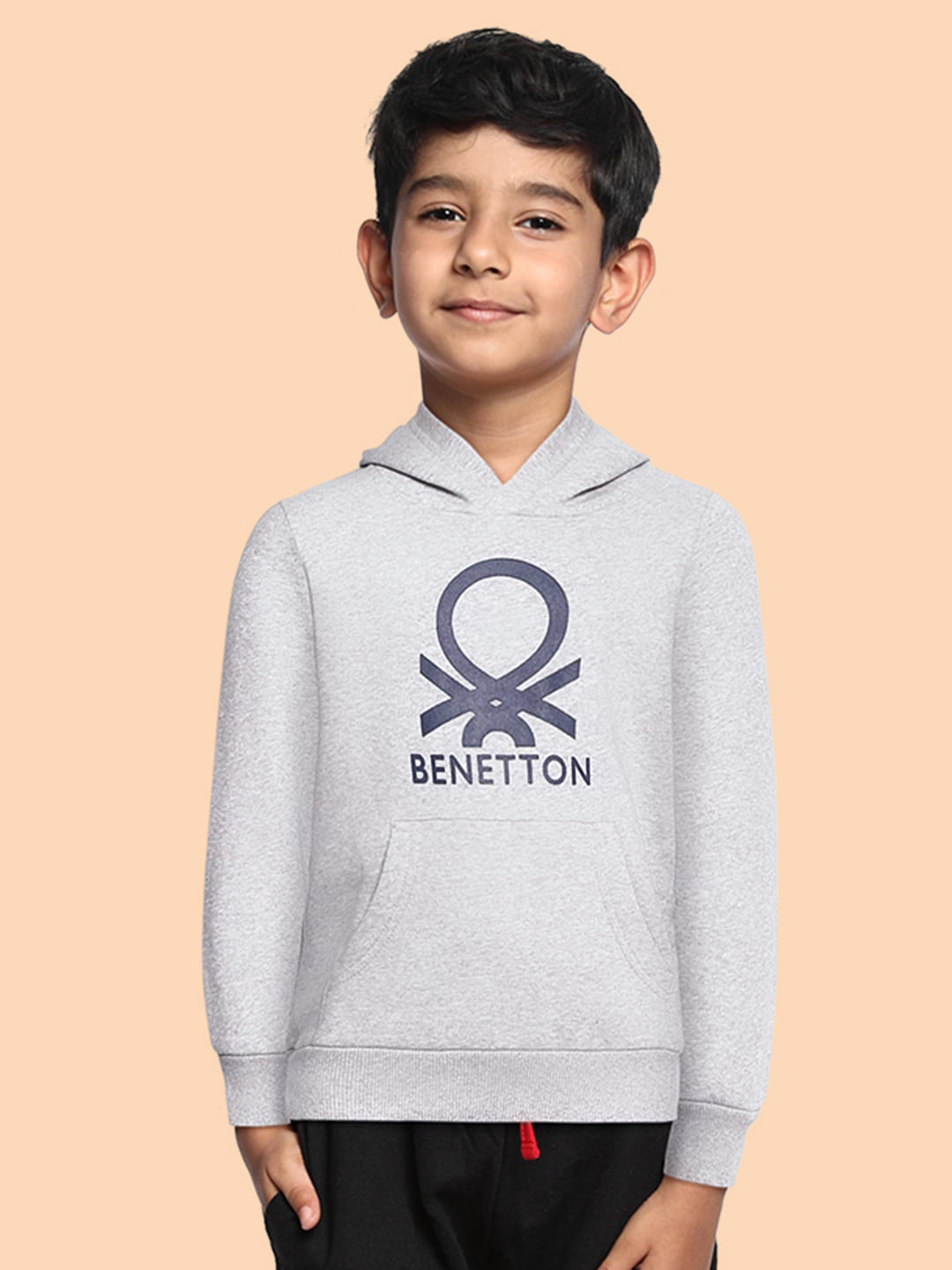 

United Colors of Benetton Boys Grey Melange & Navy Blue Brand Logo Print Hooded Sweatshirt