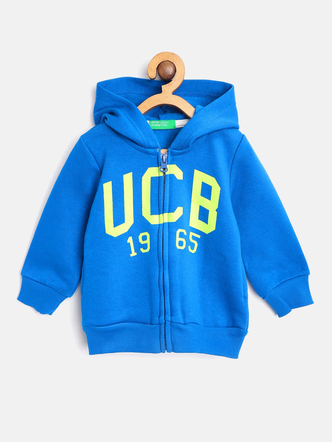 

United Colors of Benetton Boys Blue & Fluorescent Green Brand Logo Print Hooded Sweatshirt