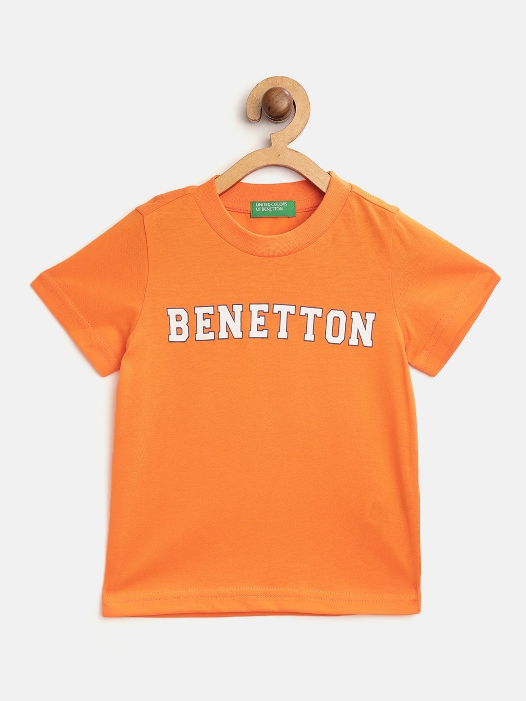 

United Colors of Benetton Boys Orange & White Brand Logo Print Round Neck T-shirt