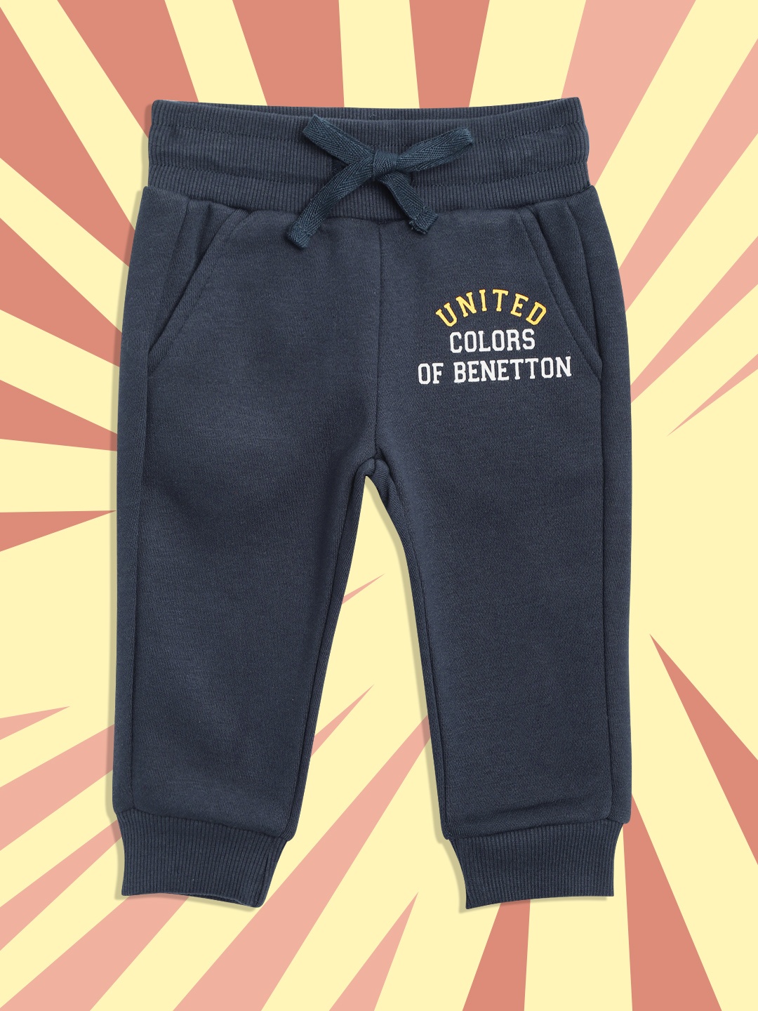 

United Colors of Benetton Boys Navy Solid Joggers with Printed Detail, Navy blue