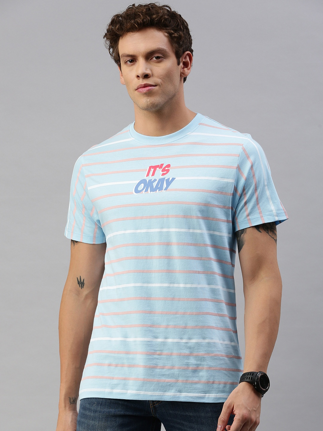 

Kook N Keech Men Blue Pink Striped Round Neck Pure Cotton T-shirt