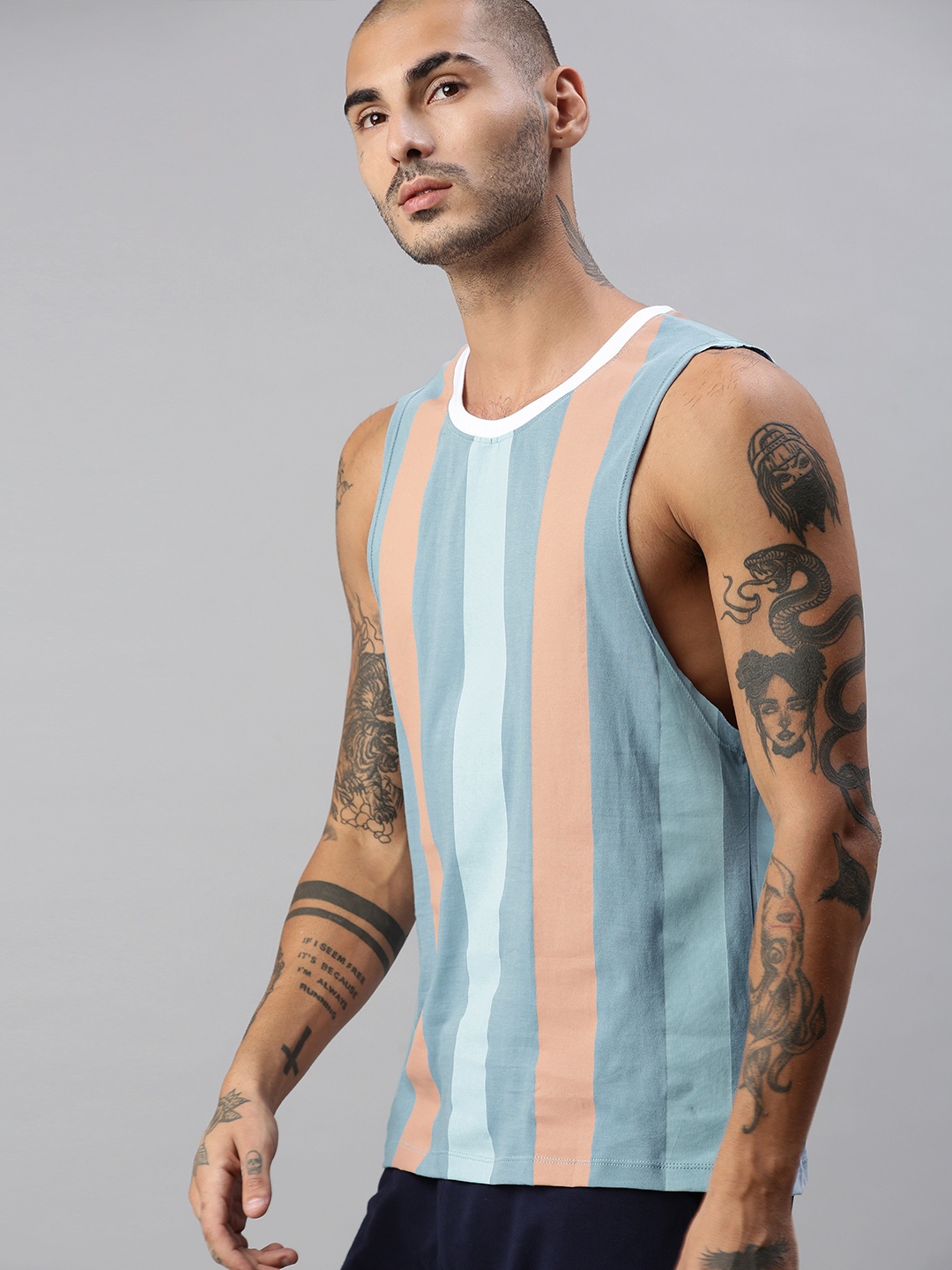 

Kook N Keech Men Blue Brown Striped Round Neck Pure Cotton Oversized T-shirt
