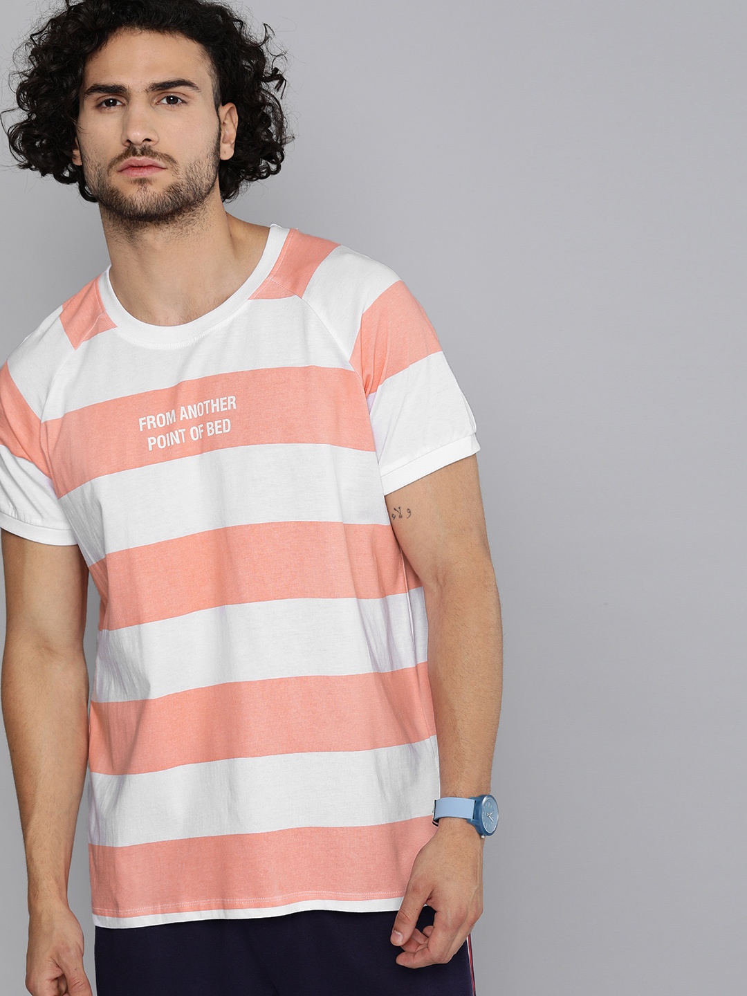 

Kook N Keech Men Peach-Coloured White Striped Round Neck Pure Cotton T-shirt