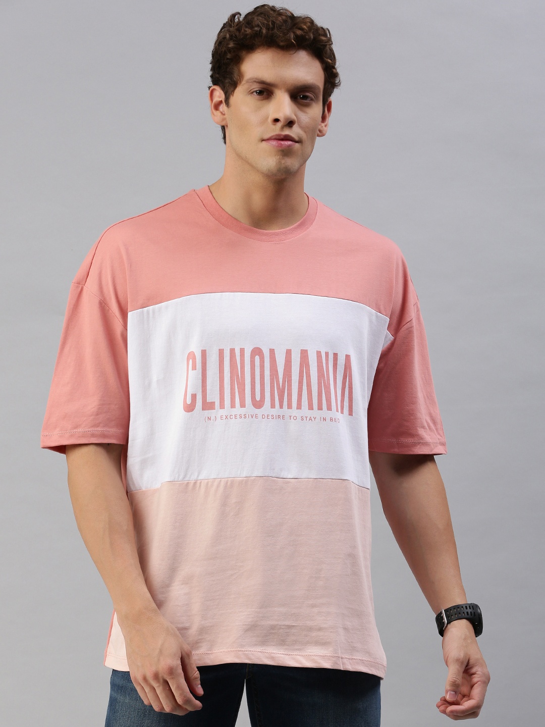 

Kook N Keech Men Oversized Colourblocked Round Neck Pure Cotton T-shirt with Print, Pink