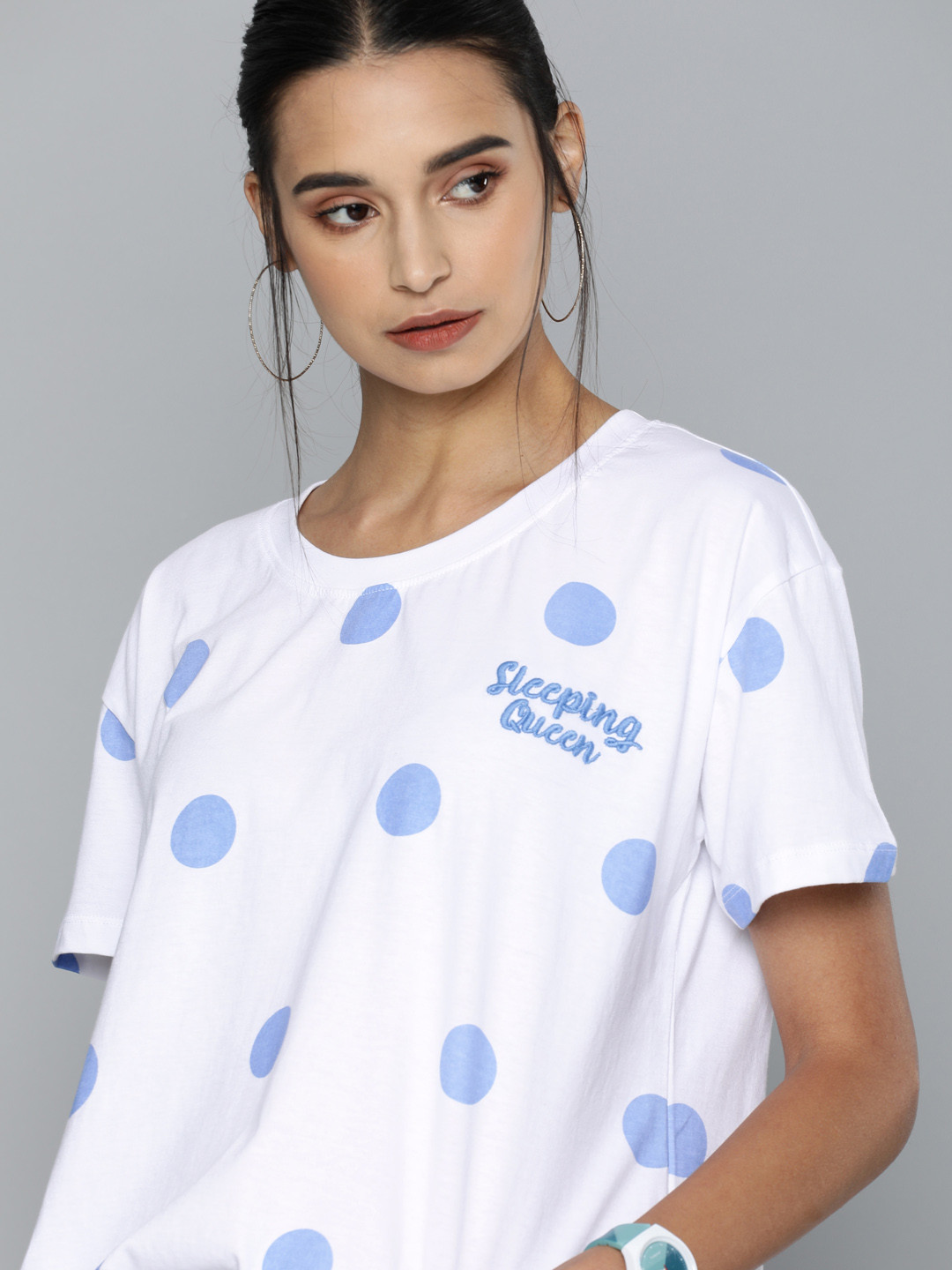 

Kook N Keech Women White Blue Polka Dots Printed Round Neck Pure Cotton T-shirt