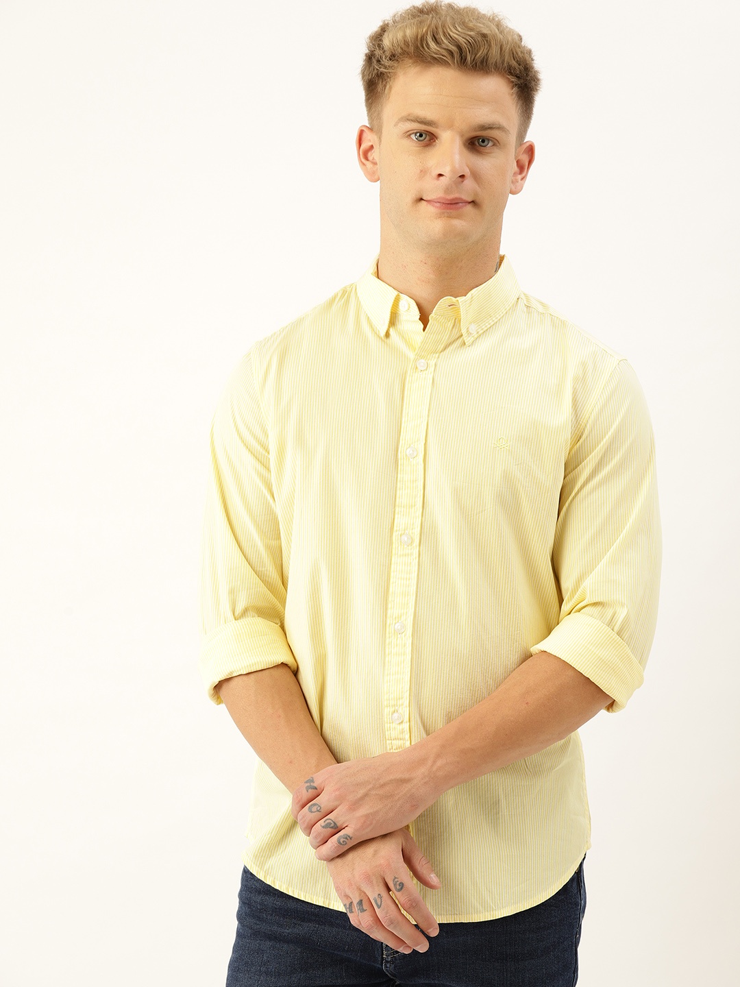

United Colors of Benetton Men Yellow & White Slim Fit Striped Casual Shirt