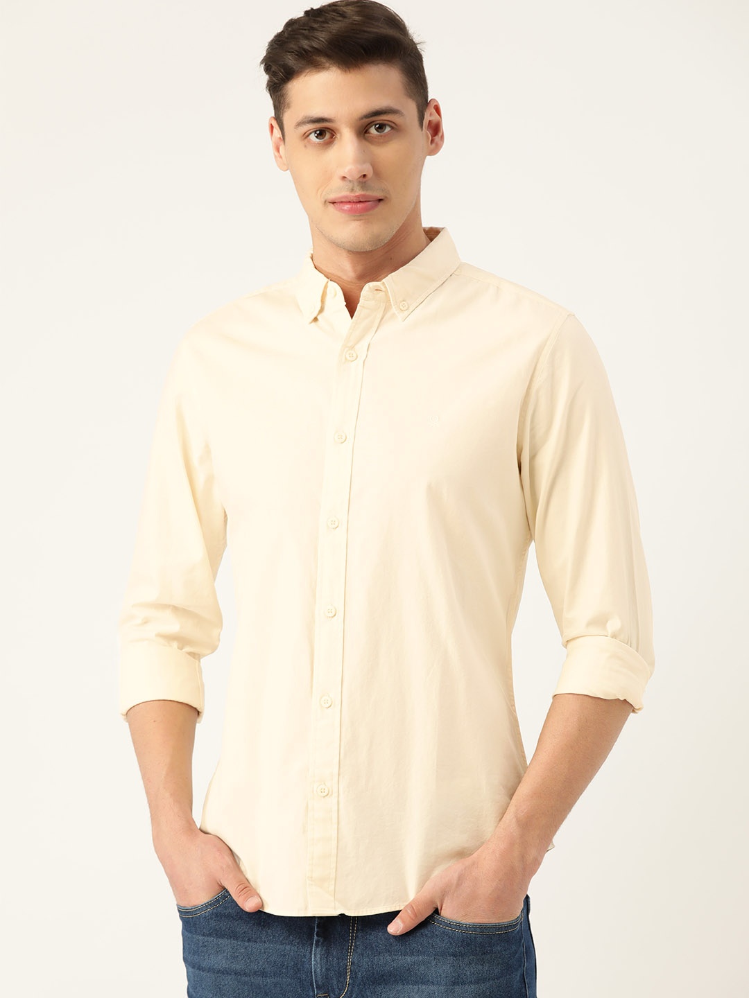 

United Colors of Benetton Men Beige Oxford Woven Slim Fit Solid Casual Shirt