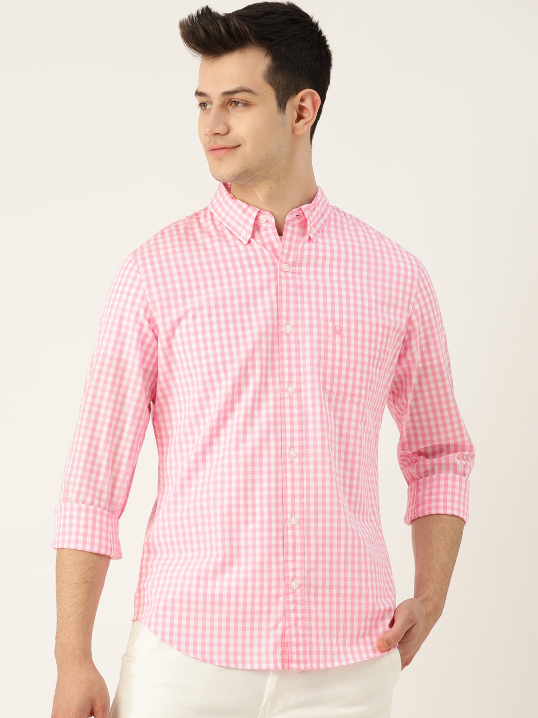 

United Colors of Benetton Men Pink & White Slim Fit Checked Casual Shirt