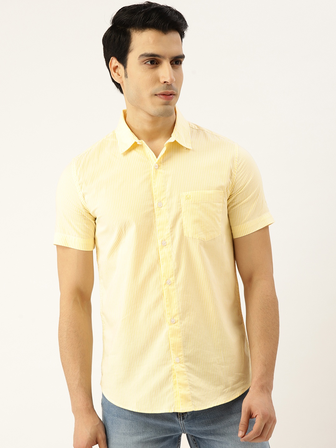 

United Colors of Benetton Men Yellow & White Slim Fit Striped Casual Shirt