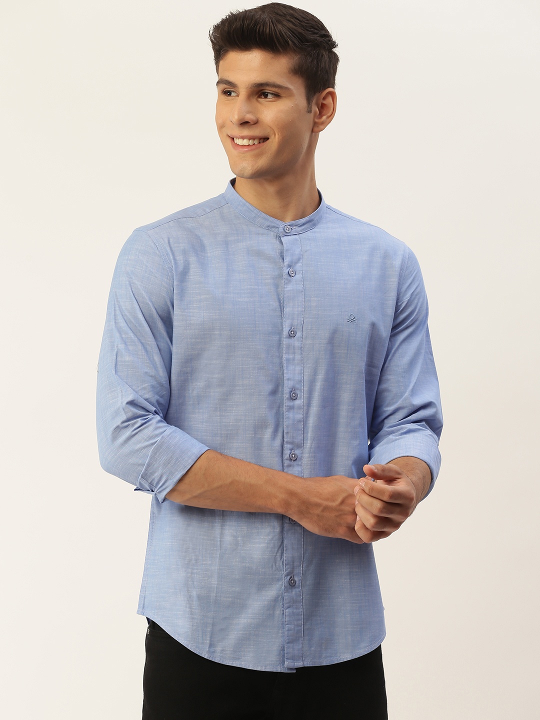

United Colors of Benetton Men Blue Pure Cotton Slub Effect Slim Fit Casual Shirt