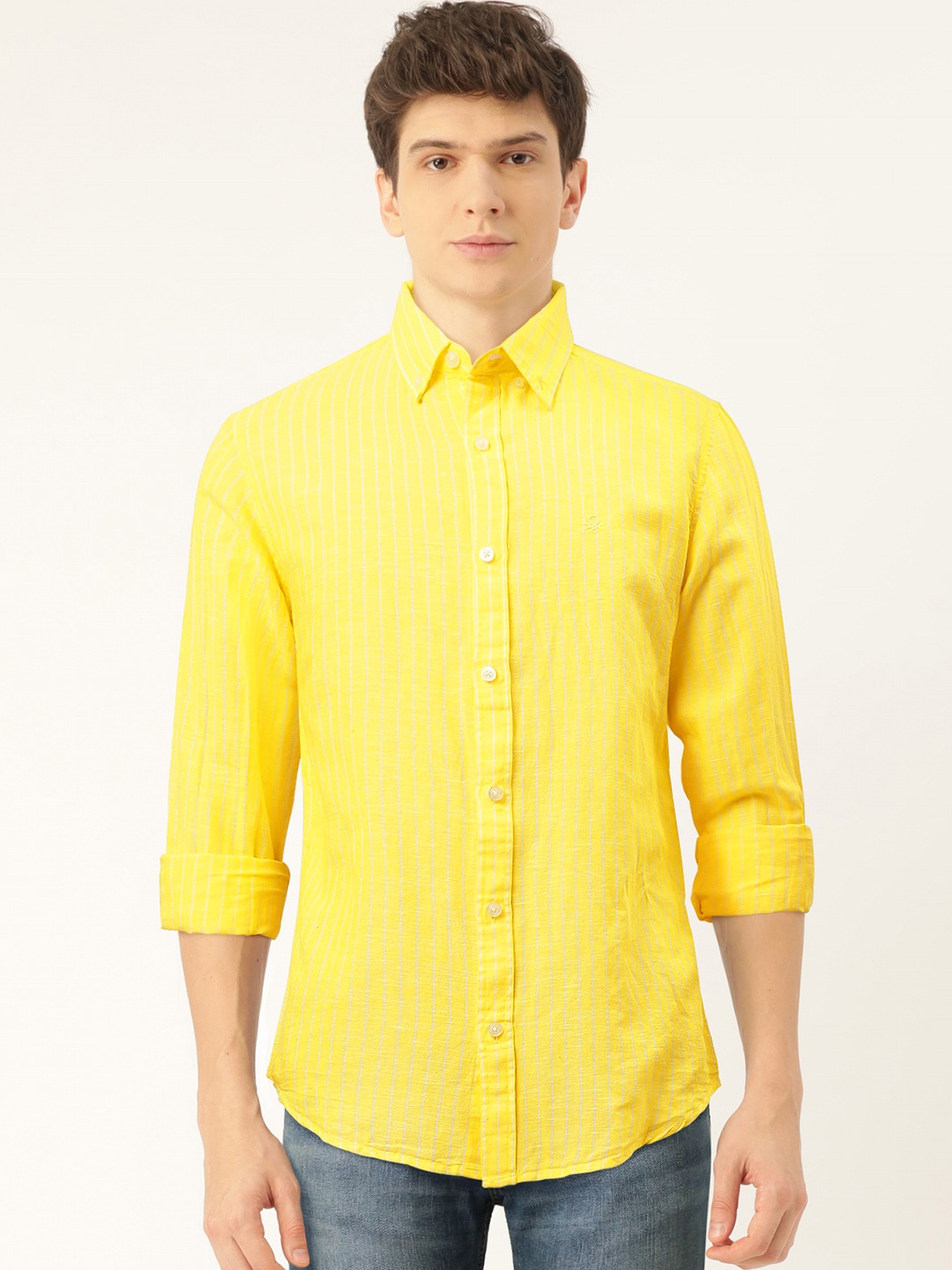 

United Colors of Benetton Men Yellow & White Slim Fit Striped Casual Shirt