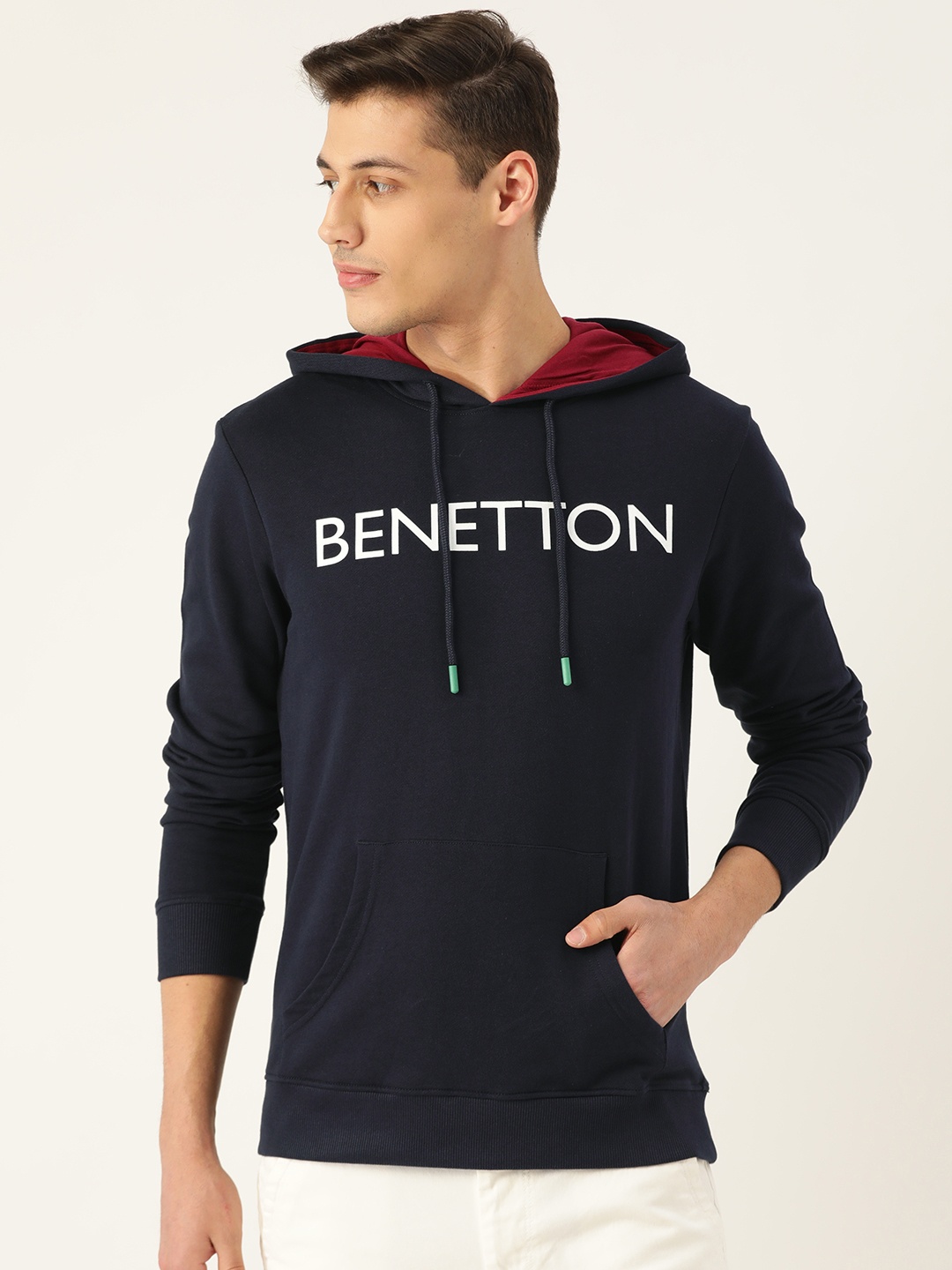 

United Colors of Benetton Men Navy Blue & White Brand Logo Printed Hooded Sweatshirt