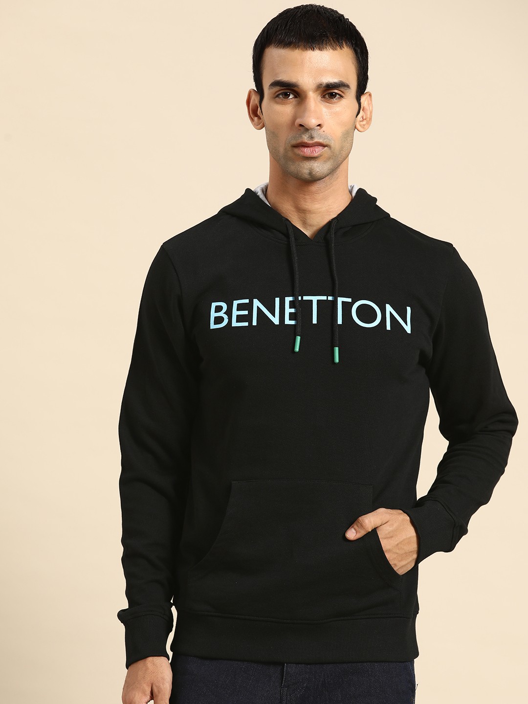 

United Colors of Benetton Men Black Brand Logo Print Cotton Hooded Sweatshirt